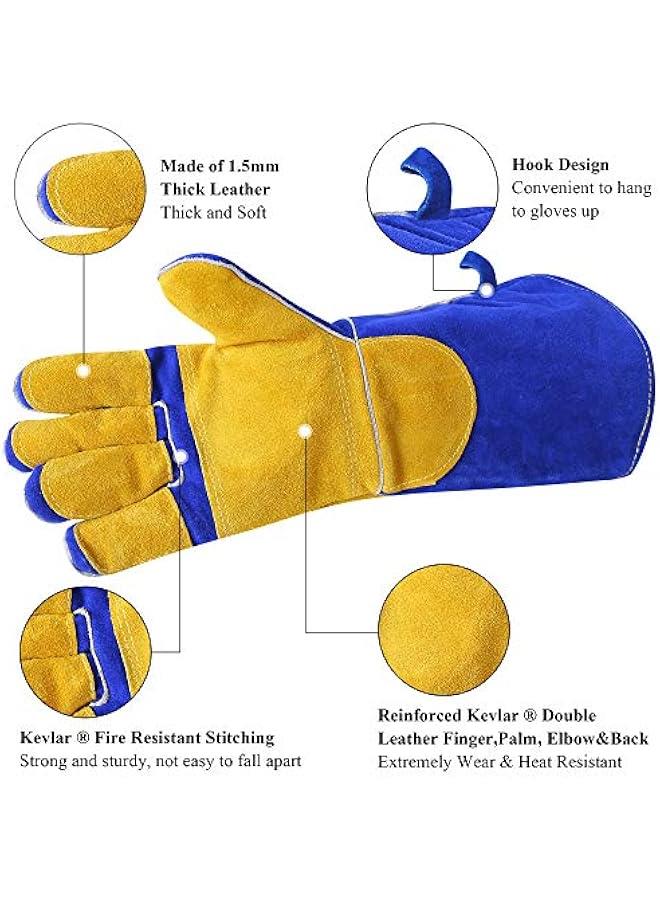 Generic Welding Gloves Fire Heat Resistant: Blue 16IN 932℉ - Fireproof Leather For Stick Mig Flux-Core Welder Forge Blacksmith Fireplace Wood Stove Fire Pit Furnace Handling Dry ice - One Size - Image 5