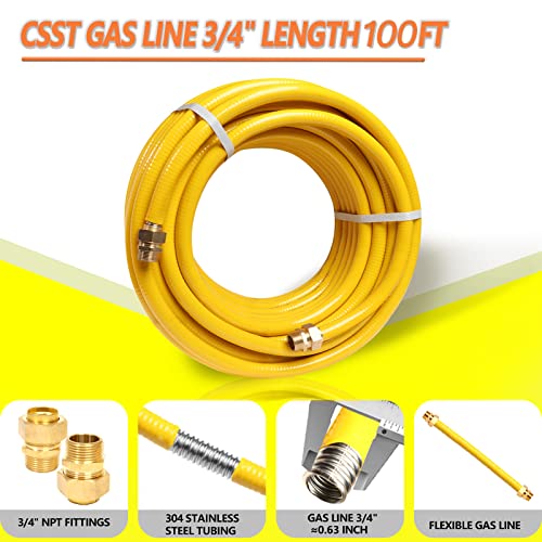 Grehitk 100ft 3/4'' Flexible Gas Line, CSST Corrugated Stainless Steel Tubing Pipe Kit, Natural Gas Line Propane Pipe Conversion Kit Grill Hose with 2 Male Adapter Fittings (100ft 3/4'') - Image 2