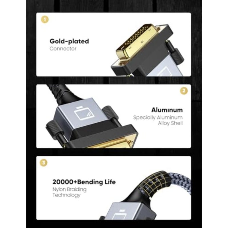 كابل HDMI إلى DVI بطول 1.83 متر - محول ذهبي ثنائي الاتجاه [1080p FHD] مع نسيج نايلون لمتانة عالية لأجهزة التلفاز والشاشات وأجهزة الكمبيوتر وأجهزة الكمبيوتر المحمولة وبطاقات الفيديو وأجهزة الألعاب من Azoni - Image 3