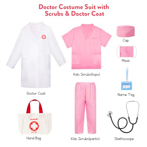 Meland Doctor Costume for Girls - Kids Scrubs with Lab Coat & Carry Bag, Doctor Dress Up for Halloween, Career Day Role Play(Pink,5-6 Years) - Image 2