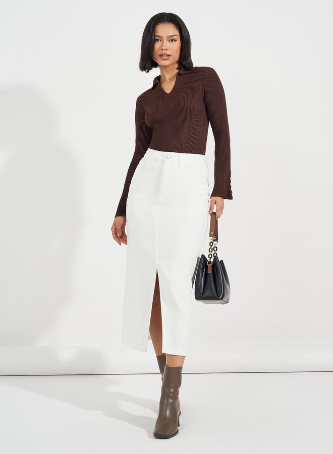 Styli High Rise Straight Hem Midi Skirt with Front Slit  - Image 1