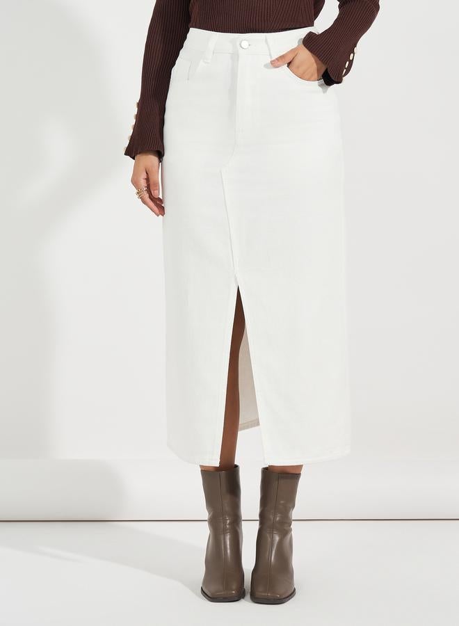 Styli High Rise Straight Hem Midi Skirt with Front Slit  - Image 2