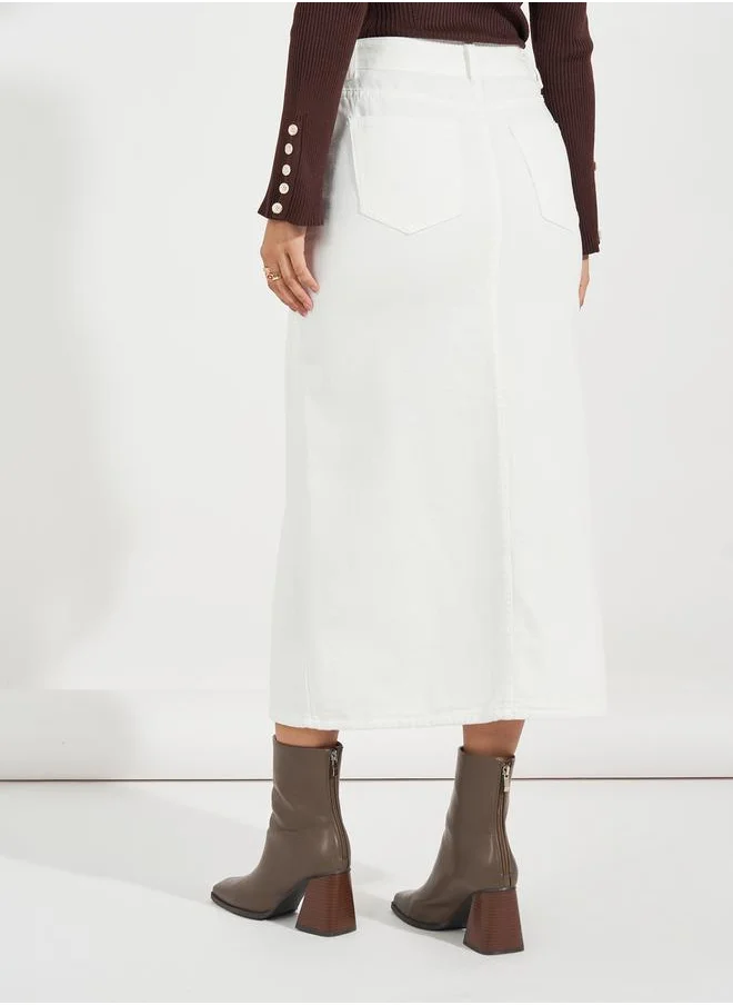 Styli High Rise Straight Hem Midi Skirt with Front Slit