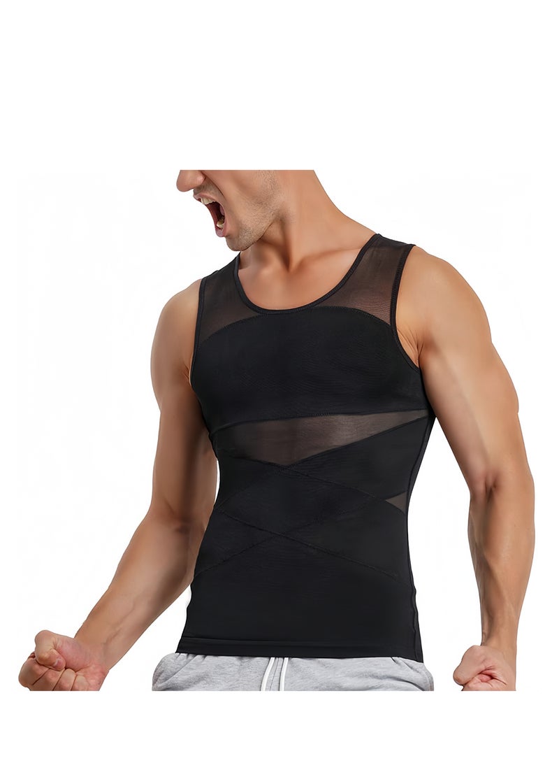 Lee Yon Chest Compression Vest Men Body Shaper Sleeveless Posture Corrector Slimming Waist Control Tummy Trimmer Mesh Tops Compression Shirt for Men Slimming Undershirt Body Shaper Tank top Shapewear Vest, Black, L (60-80KG)  - Image 1