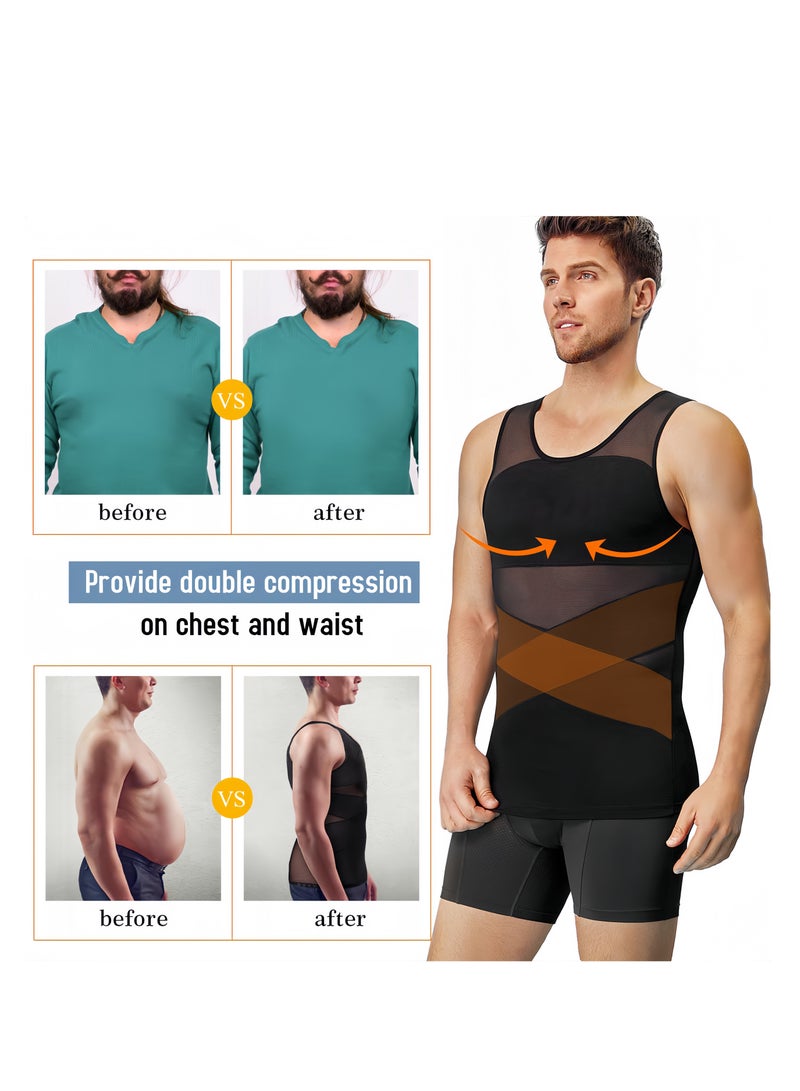 Lee Yon Chest Compression Vest Men Body Shaper Sleeveless Posture Corrector Slimming Waist Control Tummy Trimmer Mesh Tops Compression Shirt for Men Slimming Undershirt Body Shaper Tank top Shapewear Vest, Black, L (60-80KG)  - Image 2