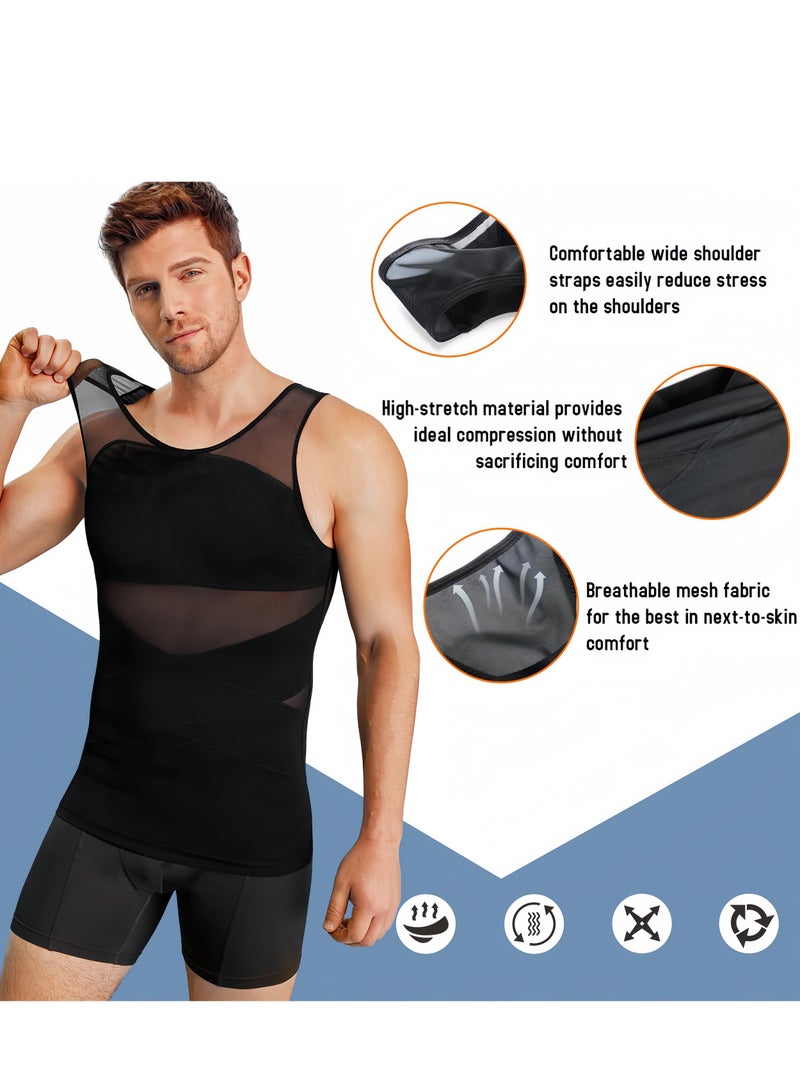 Lee Yon Chest Compression Vest Men Body Shaper Sleeveless Posture Corrector Slimming Waist Control Tummy Trimmer Mesh Tops Compression Shirt for Men Slimming Undershirt Body Shaper Tank top Shapewear Vest, Black, L (60-80KG)  - Image 3
