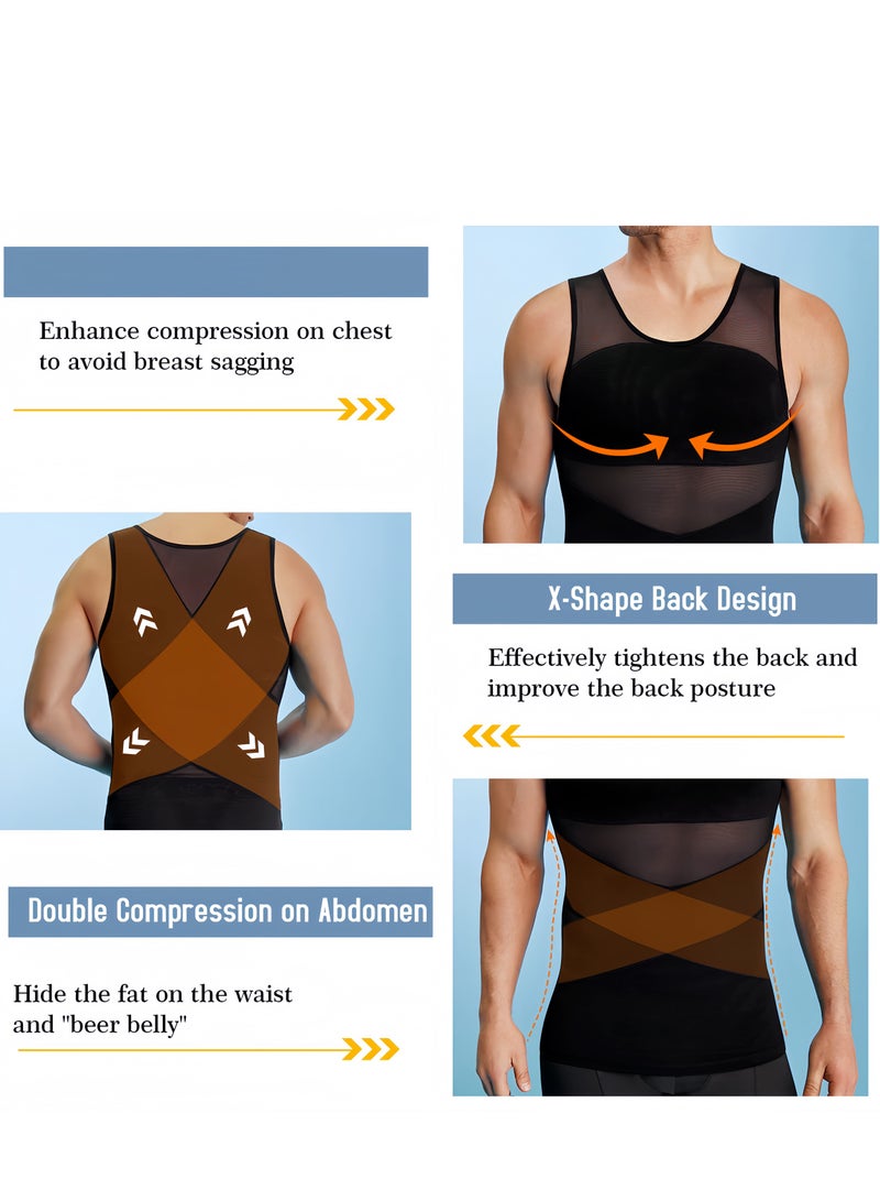 Lee Yon Chest Compression Vest Men Body Shaper Sleeveless Posture Corrector Slimming Waist Control Tummy Trimmer Mesh Tops Compression Shirt for Men Slimming Undershirt Body Shaper Tank top Shapewear Vest, Black, L (60-80KG)  - Image 4