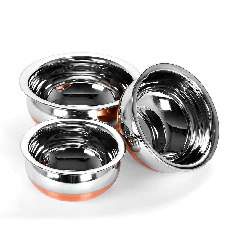 BPE Home Kitchen Appliances Stainless Steel Serving Handi Pan, Copper Bottom Biryani Handi Punjabi Pot Pan Combo Handi Set of 3 - Image 1