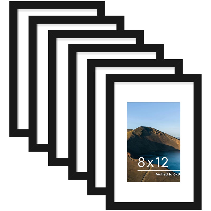 PEALSN 8x12 Picture Frame Set of 6 Display Pictures 6 x 8 with Mat or 8 x 12 without Mat for Wall Mounting or Table Top Display Photo Frames Collage for Wall Decor Black