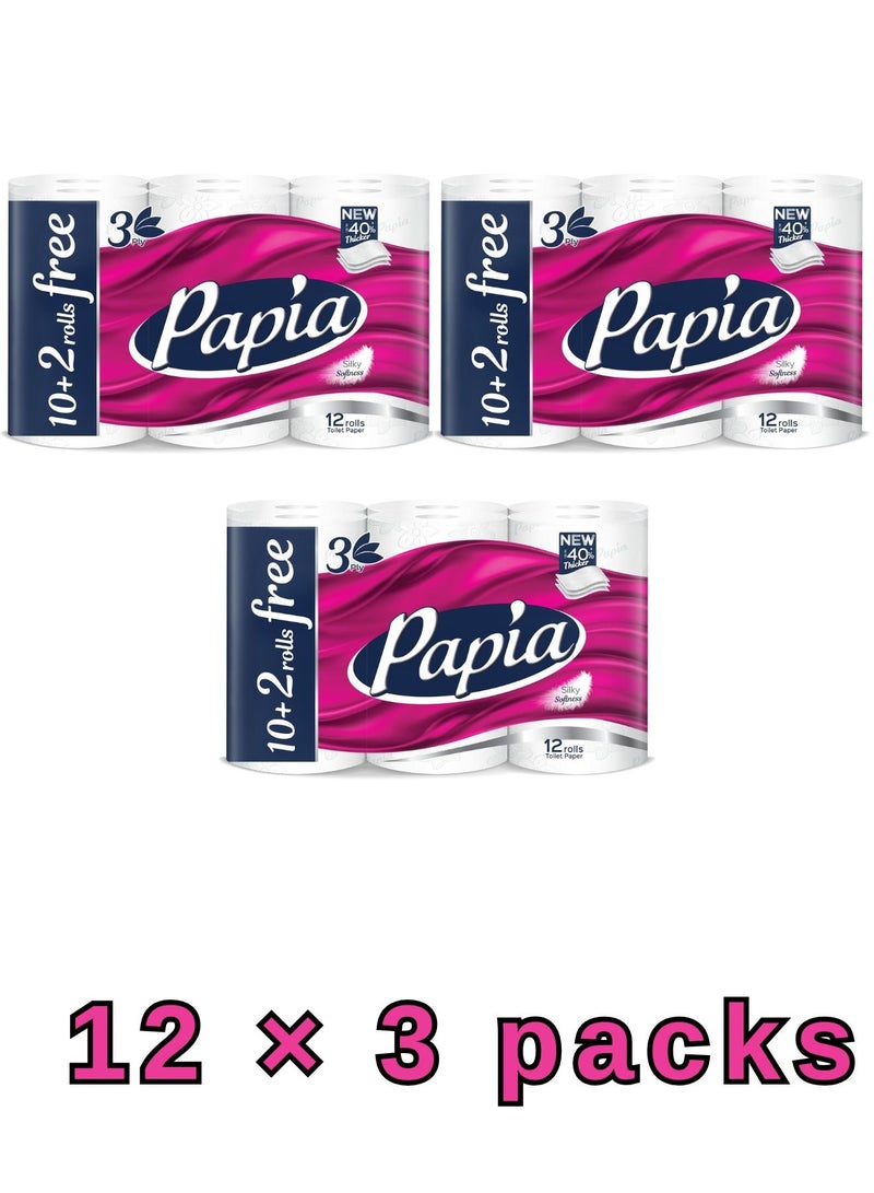 Papia Toilet Tissue 10+2 Rolls 3 Ply | Ultra Soft & High Absorbency Tissue Paper | Triple Layer Bathroom Rolls | Economy Pack with Extra Value | Daily Comfort & Hygiene for Families - Image 1