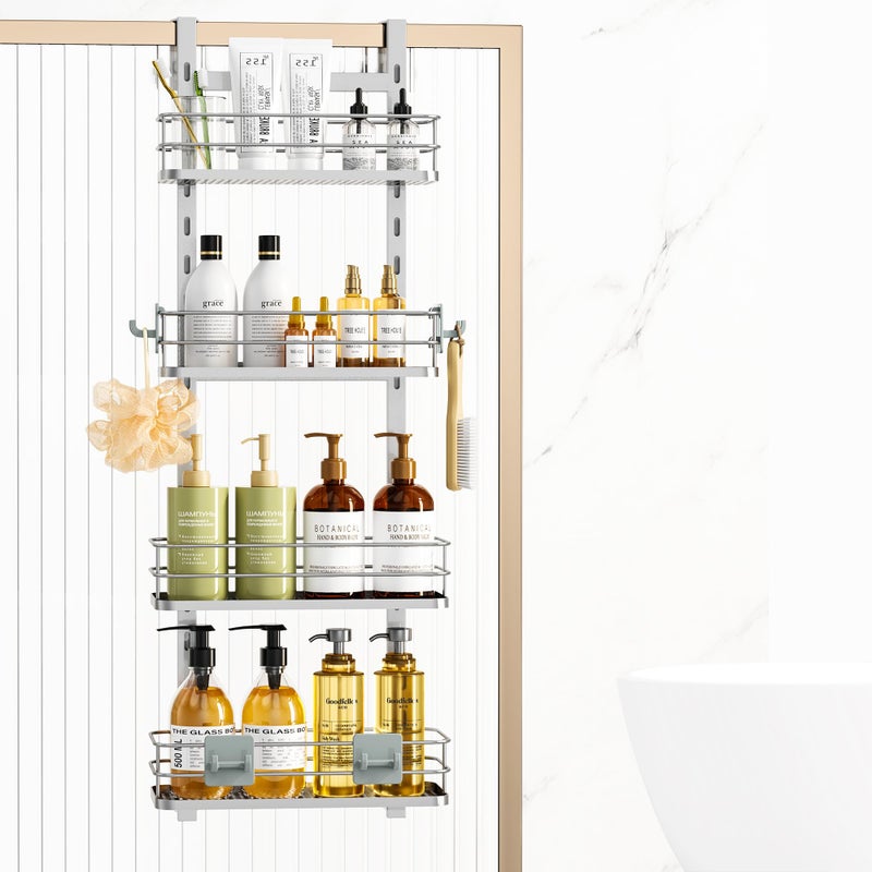 Orimade Adjustable Hanging Over the Shower Door CaddyBathroom Organizer Shelf Storage with 4 Hooks for RazorNo Drilling Rustproof Shower Rack Basket 4 Tier Silver