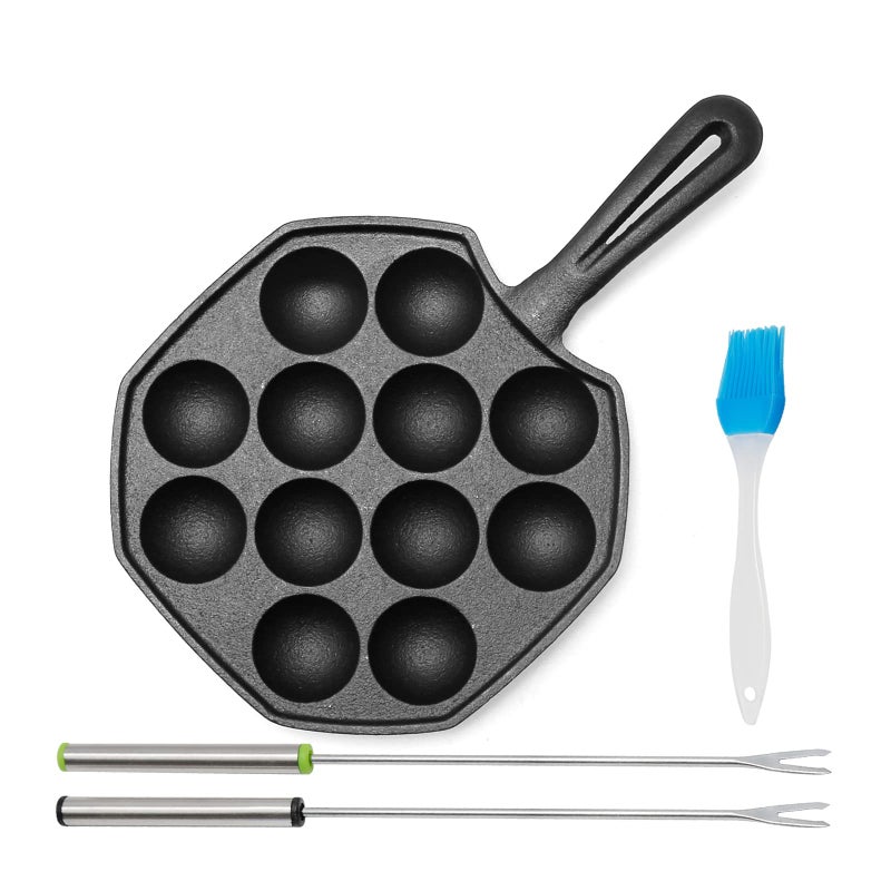 Anxingo Cast Iron Takoyaki Pan - 12 Hole Heavy Duty Square Cooking Plate Octopus Ball Maker 1.5" Half Sphere Takoyaki Maker for Baking Cooking - Image 1
