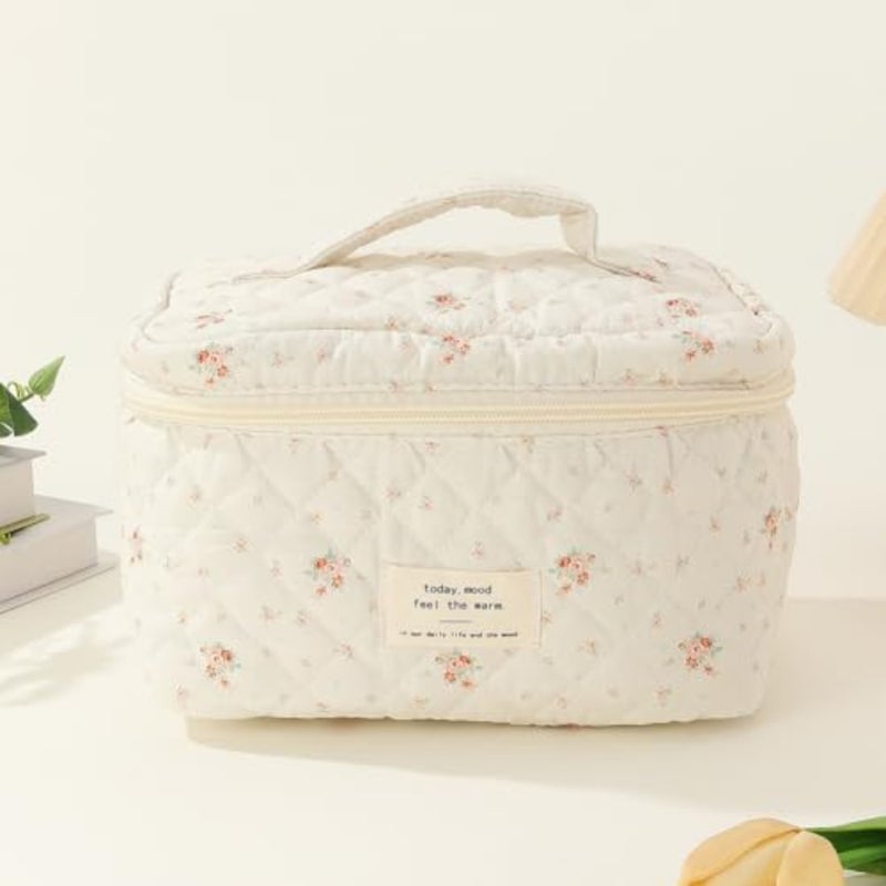 Set of 3 Quilted Cosmetics Bags, Large Toiletry Bags with Aesthetic Floral Pattern, Cotton, Travel Skincare Bags for Women and Girls, Cosmetic bag - Image 2