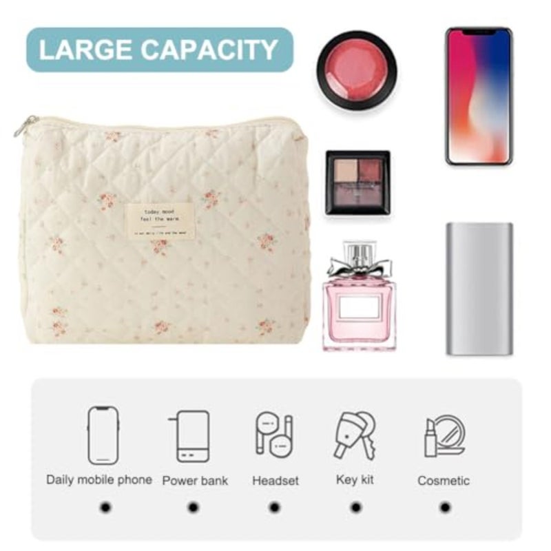 Set of 3 Quilted Cosmetics Bags, Large Toiletry Bags with Aesthetic Floral Pattern, Cotton, Travel Skincare Bags for Women and Girls, Cosmetic bag - Image 5
