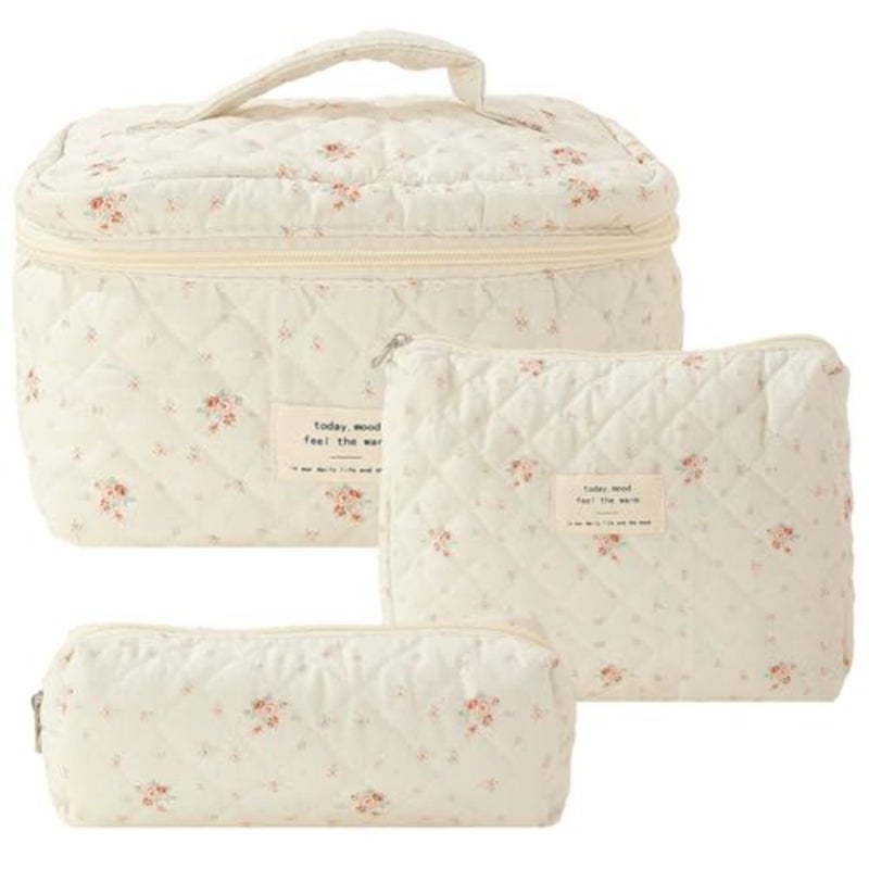 Set of 3 Quilted Cosmetics Bags, Large Toiletry Bags with Aesthetic Floral Pattern, Cotton, Travel Skincare Bags for Women and Girls, Cosmetic bag - Image 1