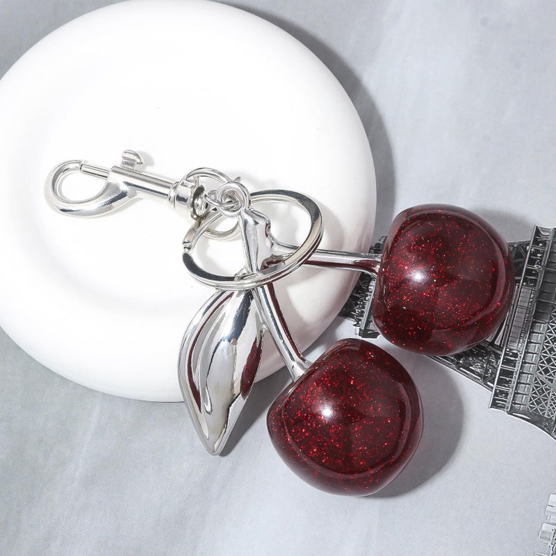 SORGERLY Silver Cherry Bag Charm Keychain - Cute Purse Handbag Fruit Accessories - Beautiful Birthday Gift for Women (Red) - Image 3