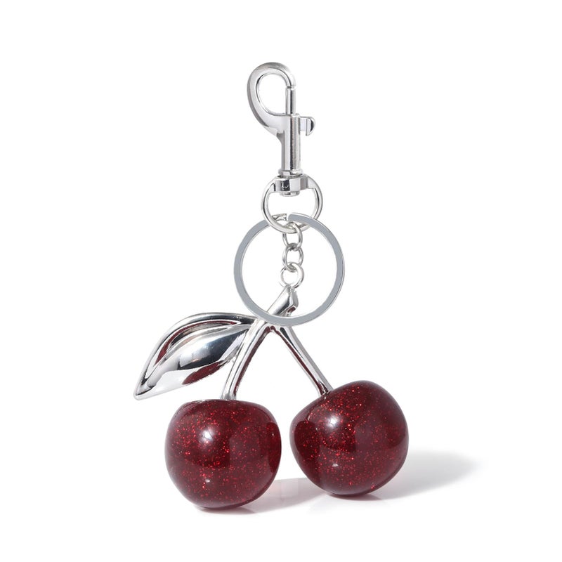 SORGERLY Silver Cherry Bag Charm Keychain - Cute Purse Handbag Fruit Accessories - Beautiful Birthday Gift for Women (Red) - Image 1