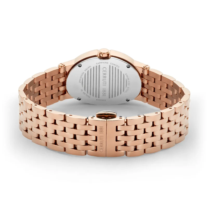 CERRUTI 1881 Classically unconventional. Bold and oval, the Norica classic 2 hands edition renders a striking new design, with a sensual rose gold metal band featuring a black dial.