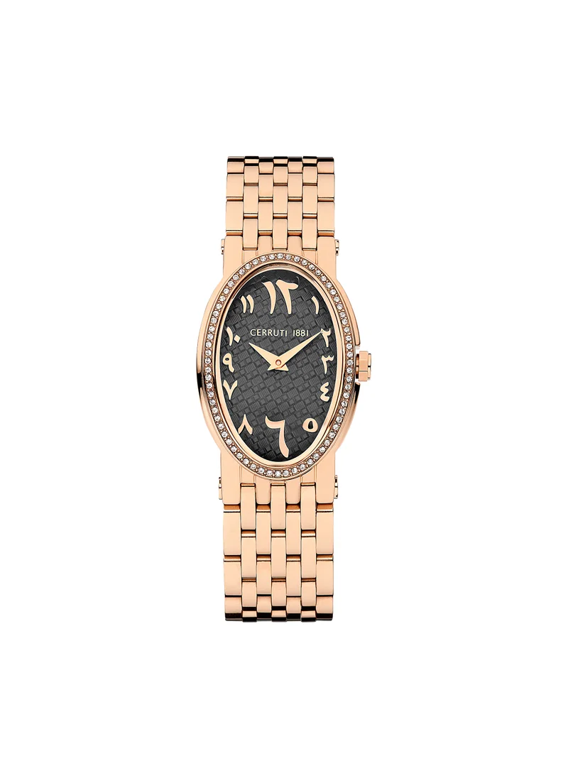 CERRUTI 1881 Classically unconventional. Bold and oval, the Norica classic 2 hands edition renders a striking new design, with a sensual rose gold metal band featuring a black dial.