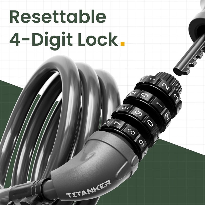 Titanker Bike Lock, Bicycle Lock 4 Feet Cable Lock 1/2 Inch Resettable Bike Lock Combination with Mounting Bracket, Bike Accessories for Bicycle, Electric Scooter, Motorcycle - Image 2
