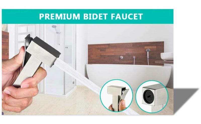 Ozzo Premium Brass Square Health Faucet Set for Bathroom Handheld Jet Spray with Easy Grip 1Meter Stainless Steel Flexible Hose Wall Hook Chrome Finish - Image 2