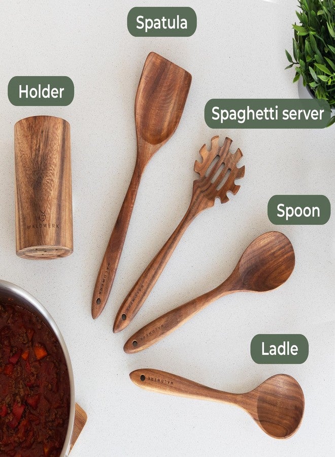 WALDWERK Wooden Spoons for Cooking – 4-Piece Kitchen Utensils Set with Teak Wood Spoons, Spatula, Pasta Server & Holder – Wooden Utensil Set – Cooking Utensils – Utensil Sets - Non Toxic - Image 4