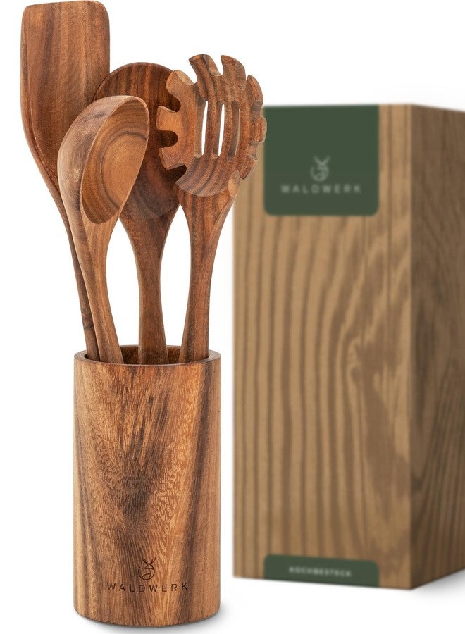 WALDWERK Wooden Spoons for Cooking – 4-Piece Kitchen Utensils Set with Teak Wood Spoons, Spatula, Pasta Server & Holder – Wooden Utensil Set – Cooking Utensils – Utensil Sets - Non Toxic - Image 1
