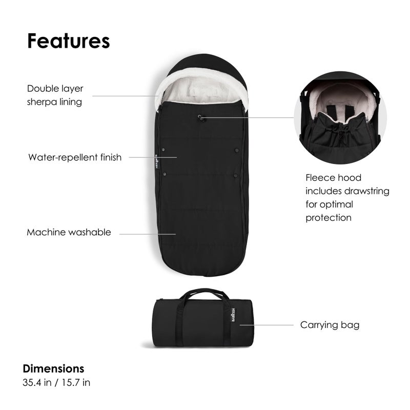 Babyzen YOYO Footmuff, Black - Sherpa Lining & Fleece Hood with Drawstring to Keep Baby Warm - Includes Carrying Bag - Machine Washable - Image 4