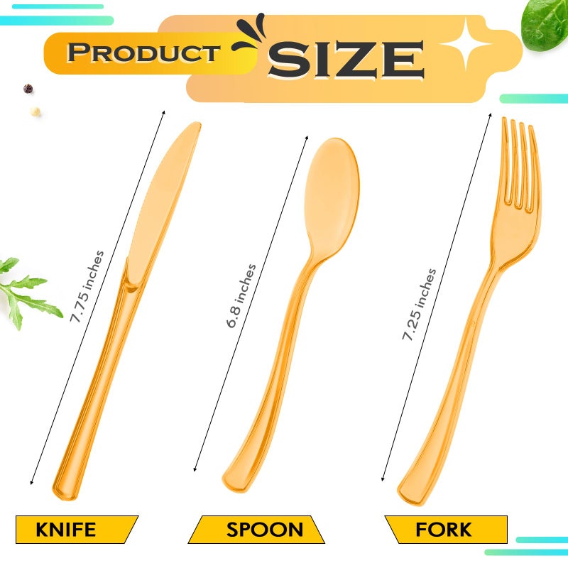Minatee 150 Pieces Disposable Cutlery Set Plastic Silverware Heavy Duty Utensil Sets 50 Forks 50 Knives 50 Spoons for Home Office School Party Picnics Restaurant Outdoor Events (Orange) - Image 3
