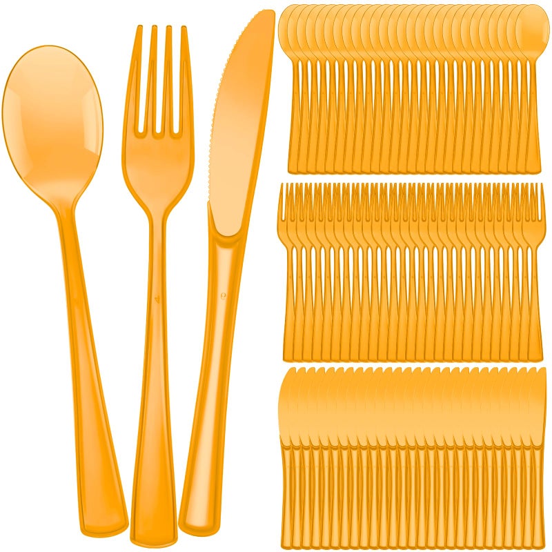 Minatee 150 Pieces Disposable Cutlery Set Plastic Silverware Heavy Duty Utensil Sets 50 Forks 50 Knives 50 Spoons for Home Office School Party Picnics Restaurant Outdoor Events (Orange) - Image 1