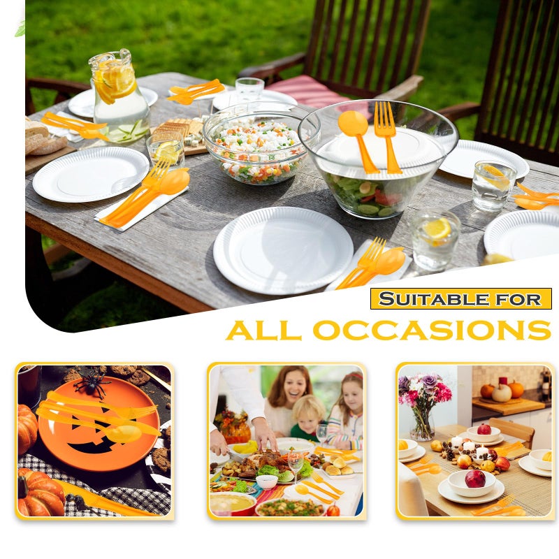 Minatee 150 Pieces Disposable Cutlery Set Plastic Silverware Heavy Duty Utensil Sets 50 Forks 50 Knives 50 Spoons for Home Office School Party Picnics Restaurant Outdoor Events (Orange) - Image 2