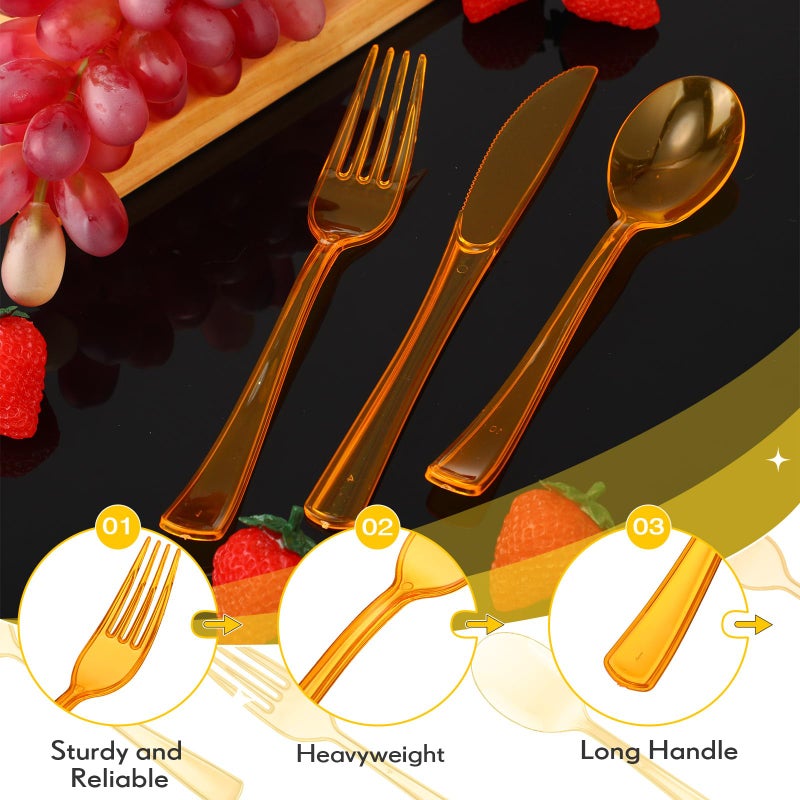 Minatee 150 Pieces Disposable Cutlery Set Plastic Silverware Heavy Duty Utensil Sets 50 Forks 50 Knives 50 Spoons for Home Office School Party Picnics Restaurant Outdoor Events (Orange) - Image 4