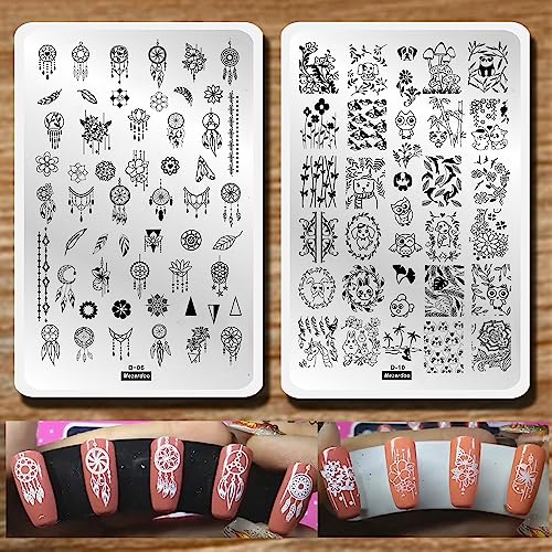 Mezerdoo 2pcs Mix Nail Art Stamp Template Dreamcatcher Feather Pendant Image Nail Stamping Plates Cute Animals Cartoon DIY Designs Manicure Stamper Plate Stencils - Image 1