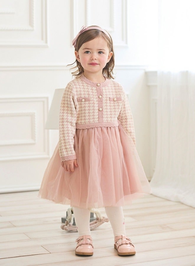 Dave & Bella Girls Pink Houndstooth Dress with Layered Tulle Skirt - Image 1