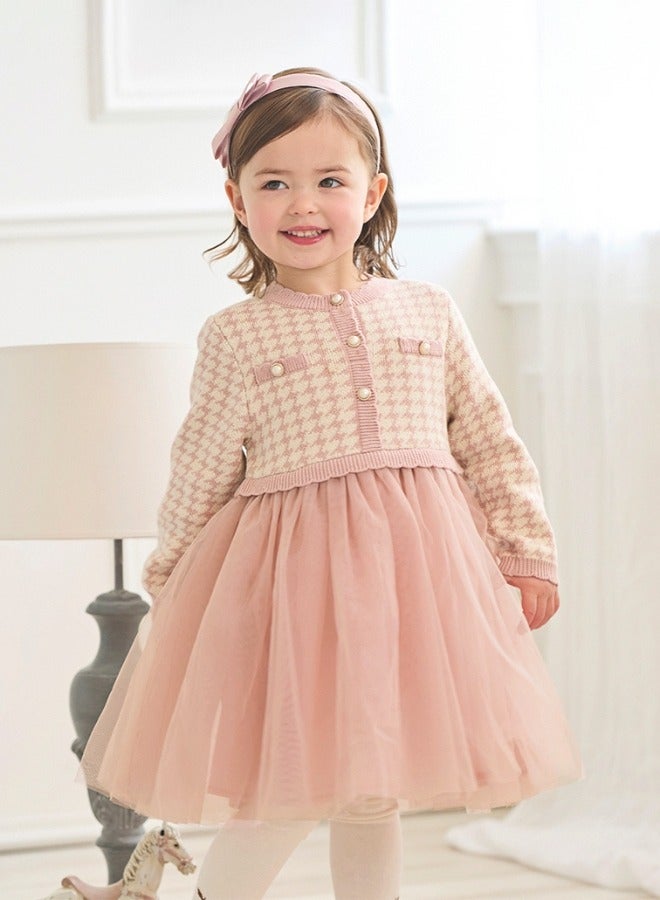 Dave & Bella Girls Pink Houndstooth Dress with Layered Tulle Skirt - Image 2