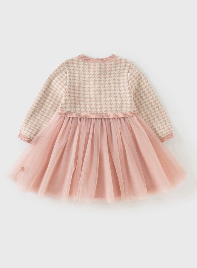 Dave & Bella Girls Pink Houndstooth Dress with Layered Tulle Skirt - Image 4