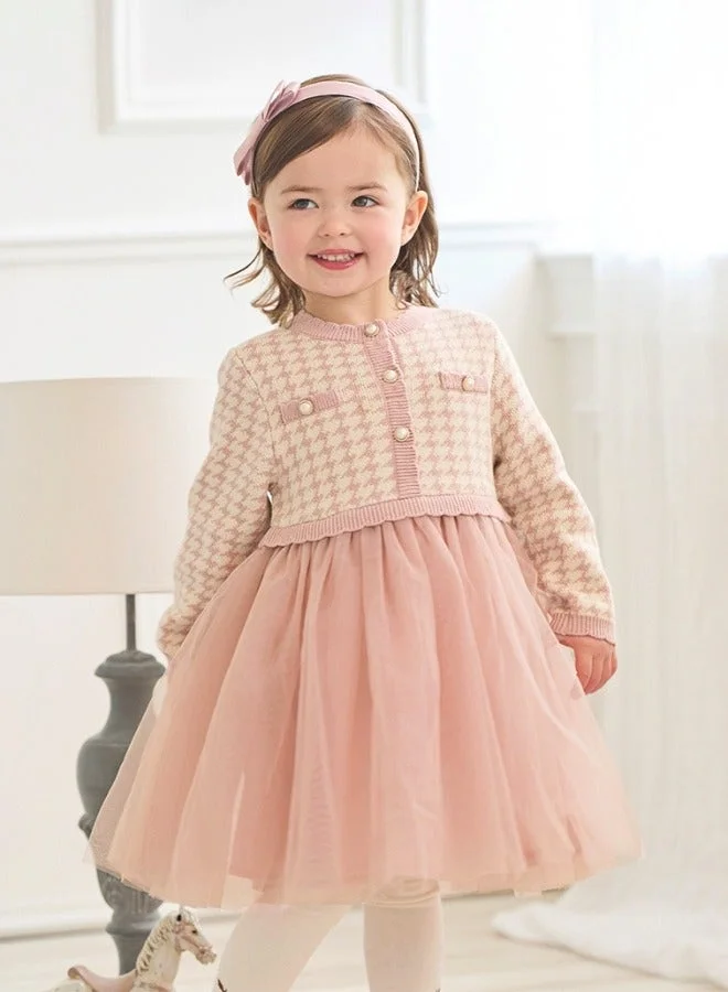 Dave & Bella Girls Pink Houndstooth Dress with Layered Tulle Skirt