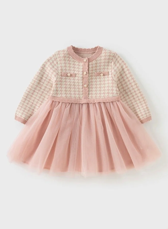 Dave & Bella Girls Pink Houndstooth Dress with Layered Tulle Skirt