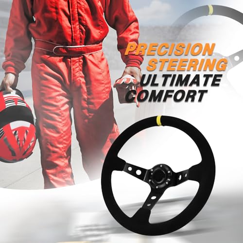 VOONKE 13.6" Universal Suede Steering Wheel Deep Dish Racing Steering Wheel 6 Bolts with Horn Button for Race/Rally/Motorsport/Car Sim Driving,Yellow Positioning Line - Image 4