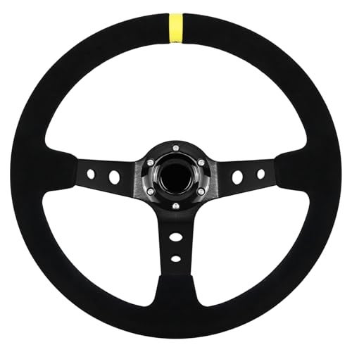 VOONKE 13.6" Universal Suede Steering Wheel Deep Dish Racing Steering Wheel 6 Bolts with Horn Button for Race/Rally/Motorsport/Car Sim Driving,Yellow Positioning Line - Image 1