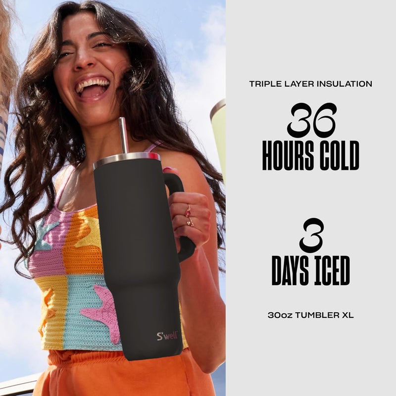 S'well Recycled Stainless Steel Tumbler XL with Straw and Handle, 30oz, Onyx, Triple Layered Vacuum Insulated Container Keeps Drinks Cold 36 hours and Hot for 9, BPA Free - Image 1