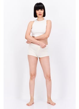 UNDIZ Women Ribbed Pull On Pajama Shorts, Beige  - Image 2