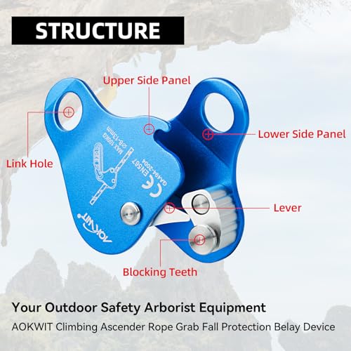 AOKWIT Climbing Ascender Fall Protection Belay Device Climbing Rope Grab for Rock Climbing Mountaineering Tree Arborist Expedition Caving Rescue Aerial Work (Blue) - Image 4