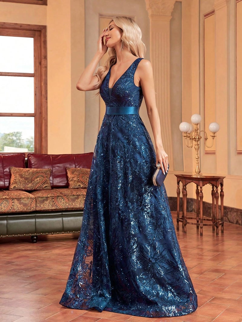 XUIBOL Sleeveless Glitter Sequined Womens Long Formal Gown Aline Prom Dress for Anchorwoman Floor Length Evening Dress Teal S - Image 3