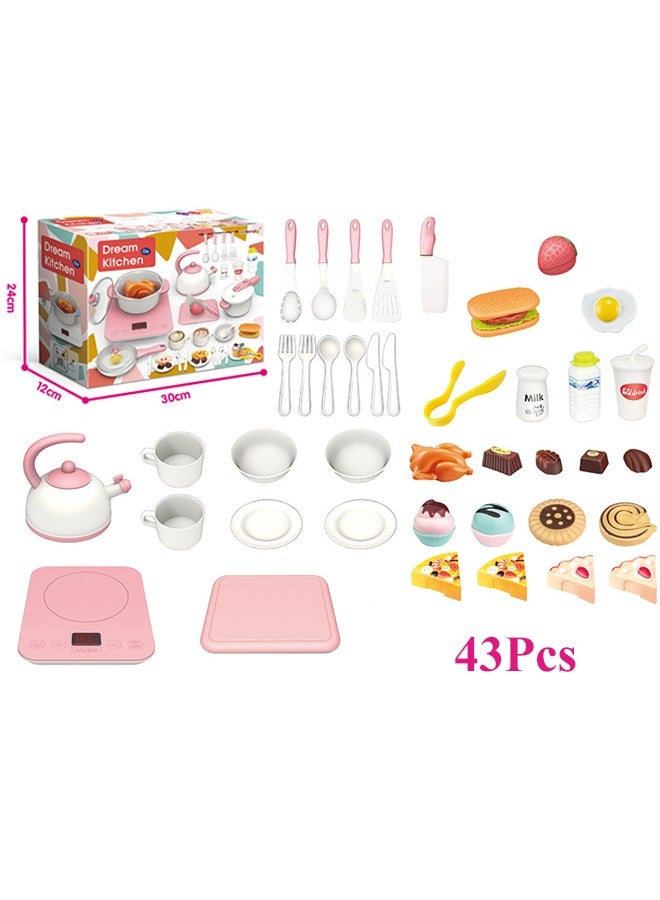 Quivlox Kitchen Toy Set, 43Pcs Cutting Play Food Toys with Sound and Music,  Kitchen Pretend Playset, Play Food Toy, Simulation Kitchen Accessories with Induction Cooker, Kettle, Plastic Board, Knife, Dishes and Food, Educational Toy For Toddler - Image 2