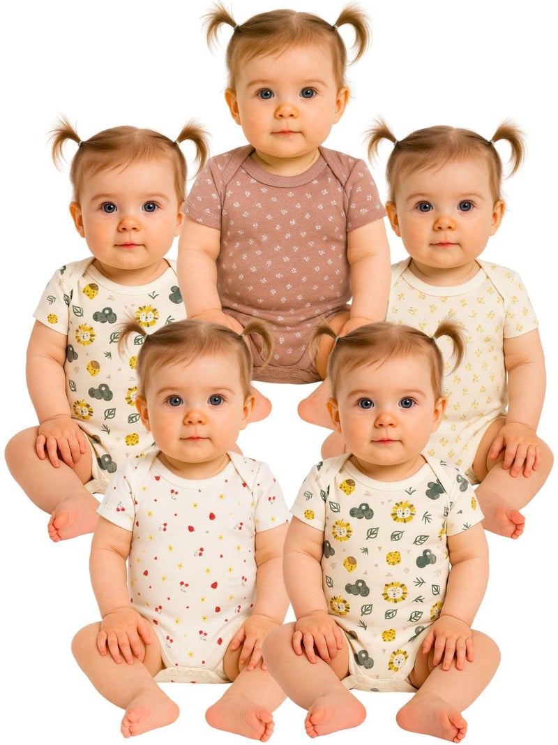 TuddyBuddy Baby Girls 100% Cotton Multi Color Half Sleeves Romper Combo/Bodysuit Set for Baby Girl (Pack of 5 - Lions & Pastel Florals Prints, 0-3 Months Baby Girl) - Image 1