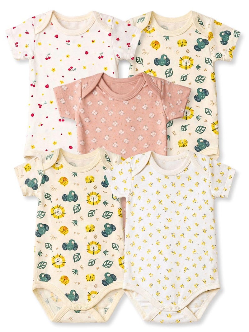 TuddyBuddy Baby Girls 100% Cotton Multi Color Half Sleeves Romper Combo/Bodysuit Set for Baby Girl (Pack of 5 - Lions & Pastel Florals Prints, 0-3 Months Baby Girl) - Image 2
