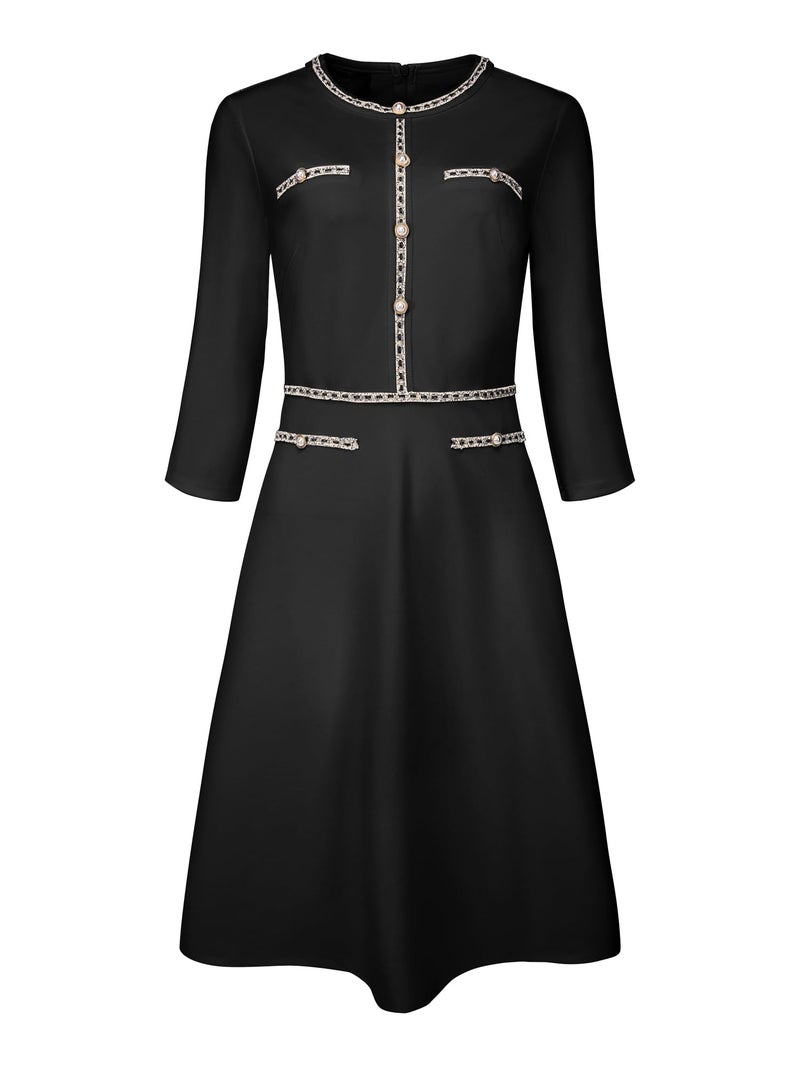 Hobemty Womens Church ALine Work 34 Sleeve Tweed Midi Dresses Large Black