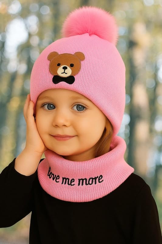Krystle Kids Knit Animal Ear Hat with Pom Pom and Scarf - Bear or Cat Design Winter Beanie for Boys and Girls (Pink, 3Months-3 Years) - Image 3