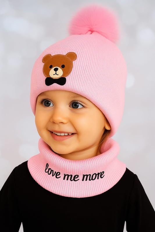 Krystle Kids Knit Animal Ear Hat with Pom Pom and Scarf - Bear or Cat Design Winter Beanie for Boys and Girls (Pink, 3Months-3 Years) - Image 2